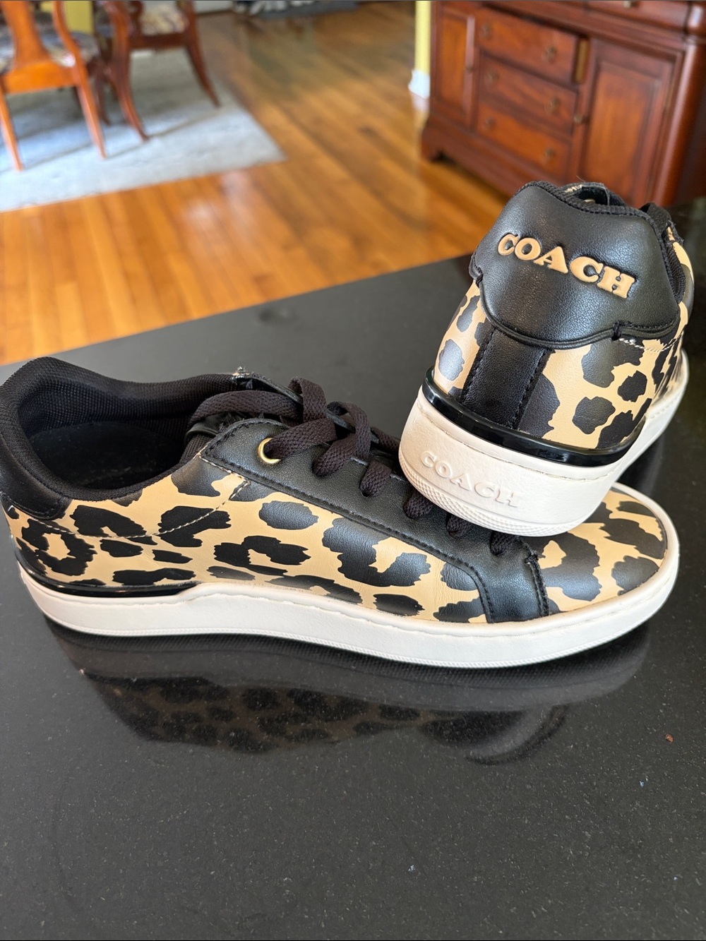 COACH Leopard Print Low-Top Sneakers - Black & Tan